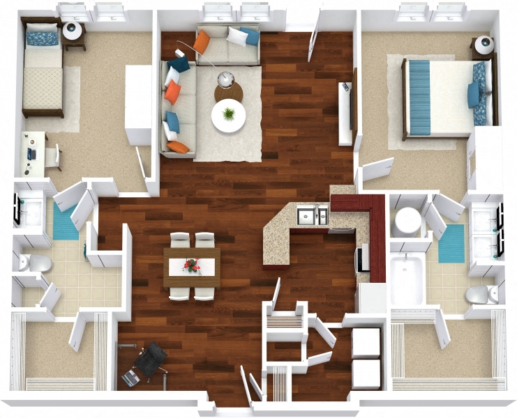 Floor plan for 2 beds, 2 baths, 1280 sqft